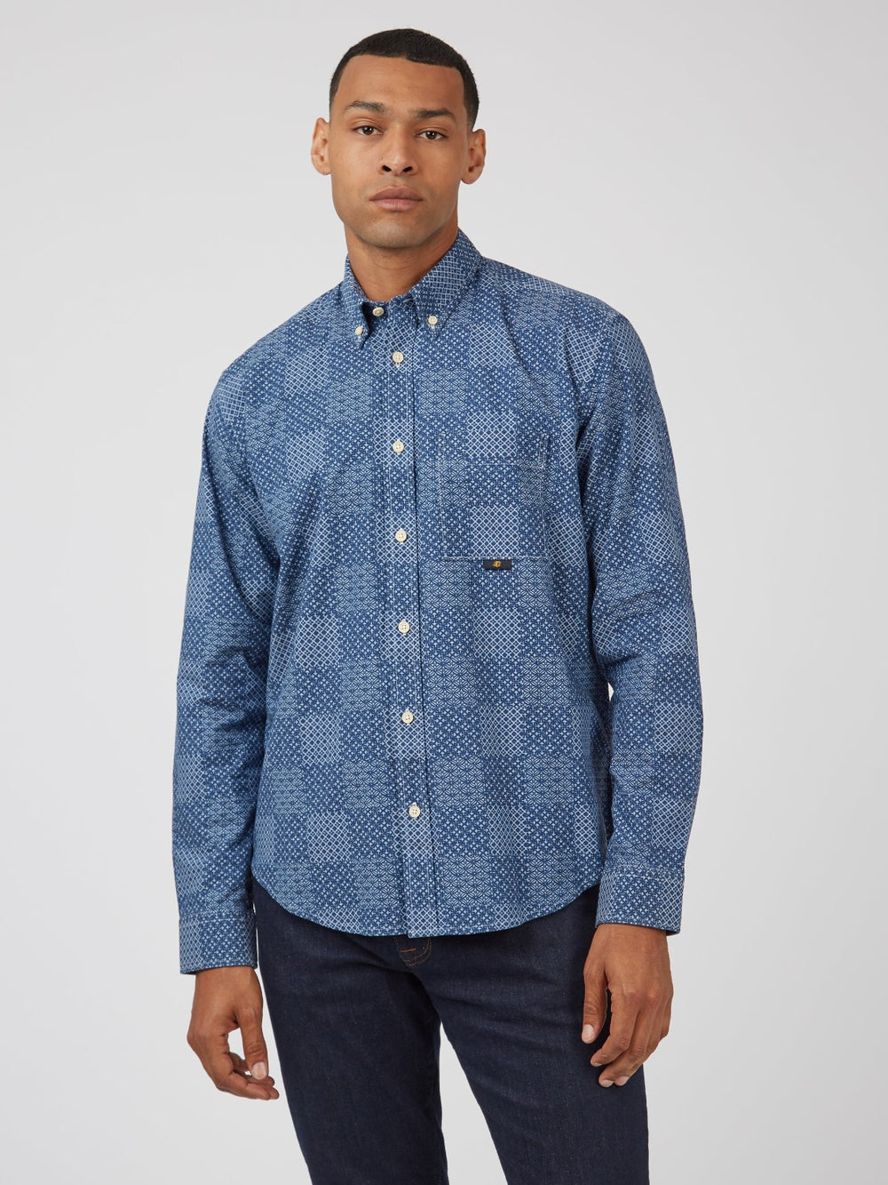 Ben Sherman Chambray Patchwork Geo Print Long-Sleeve Overhemd Blauw | 13JGPANTH