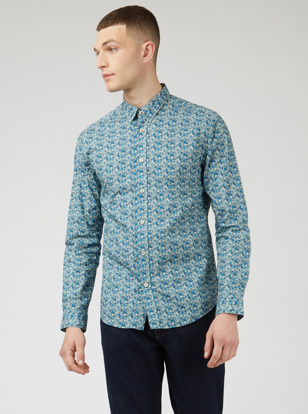 Ben Sherman Floral Print Long-Sleeve Overhemd Blauw Grijs | 76JXQPUCI